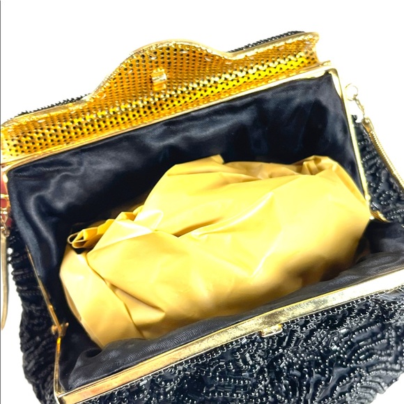 Vintage 1960s GOLDCO Fancy black seed bead evening bag gold hardware - Picture 8 of 12